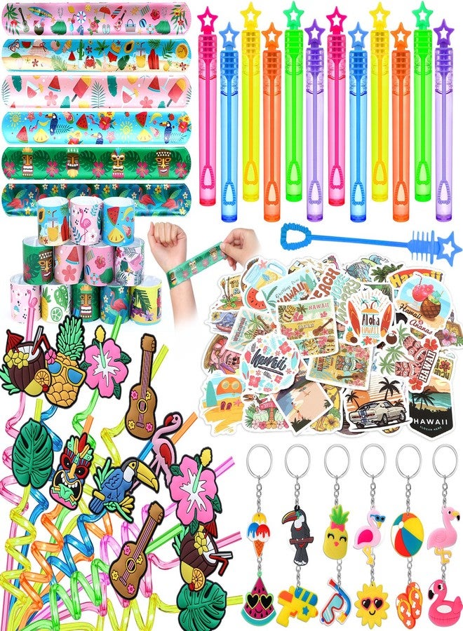 Winrayk 98Pcs Tropical Luau Party Favors Hawaiian Birthday Supplies, Straw Mini Bubble Wand Slap Bracelet Keychain Sticker Pinata Filler Goody Bag Stuffer Kids Summer Pool Beach Hawaiian Party Favors - Image 1
